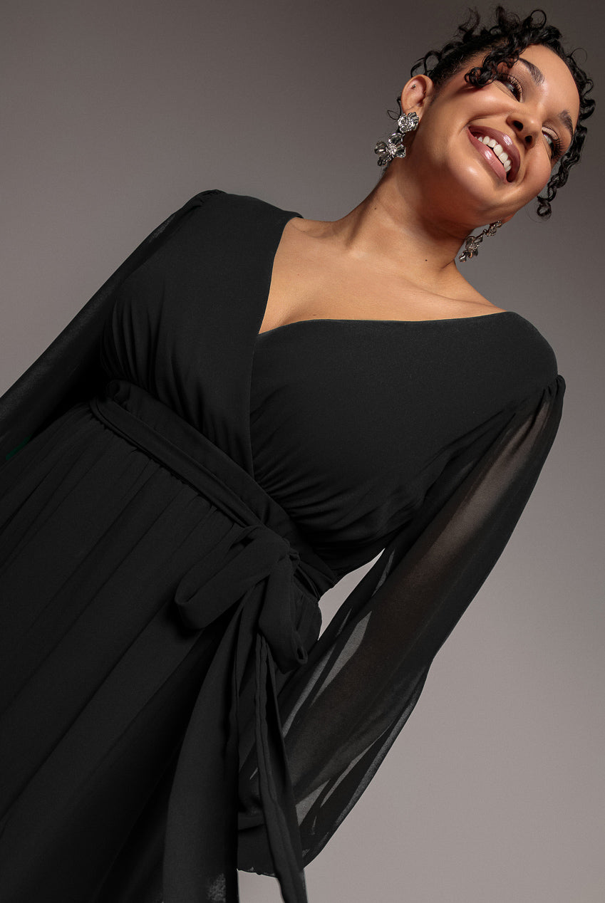 Wrap Back With Front Slit Chiffon Maxi Dress - Black DR2800P