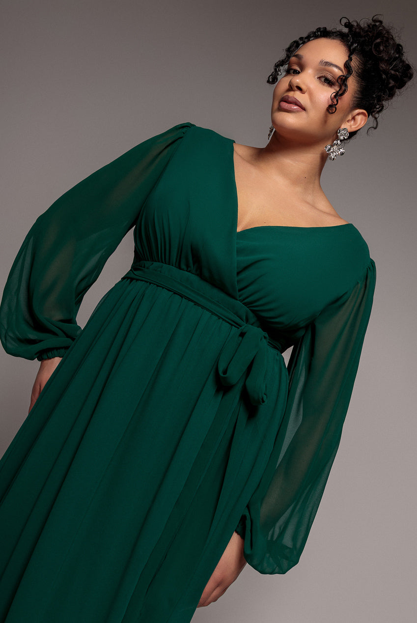 Wrap Back With Front Slit Chiffon Maxi Dress - Emerald Green DR2800P