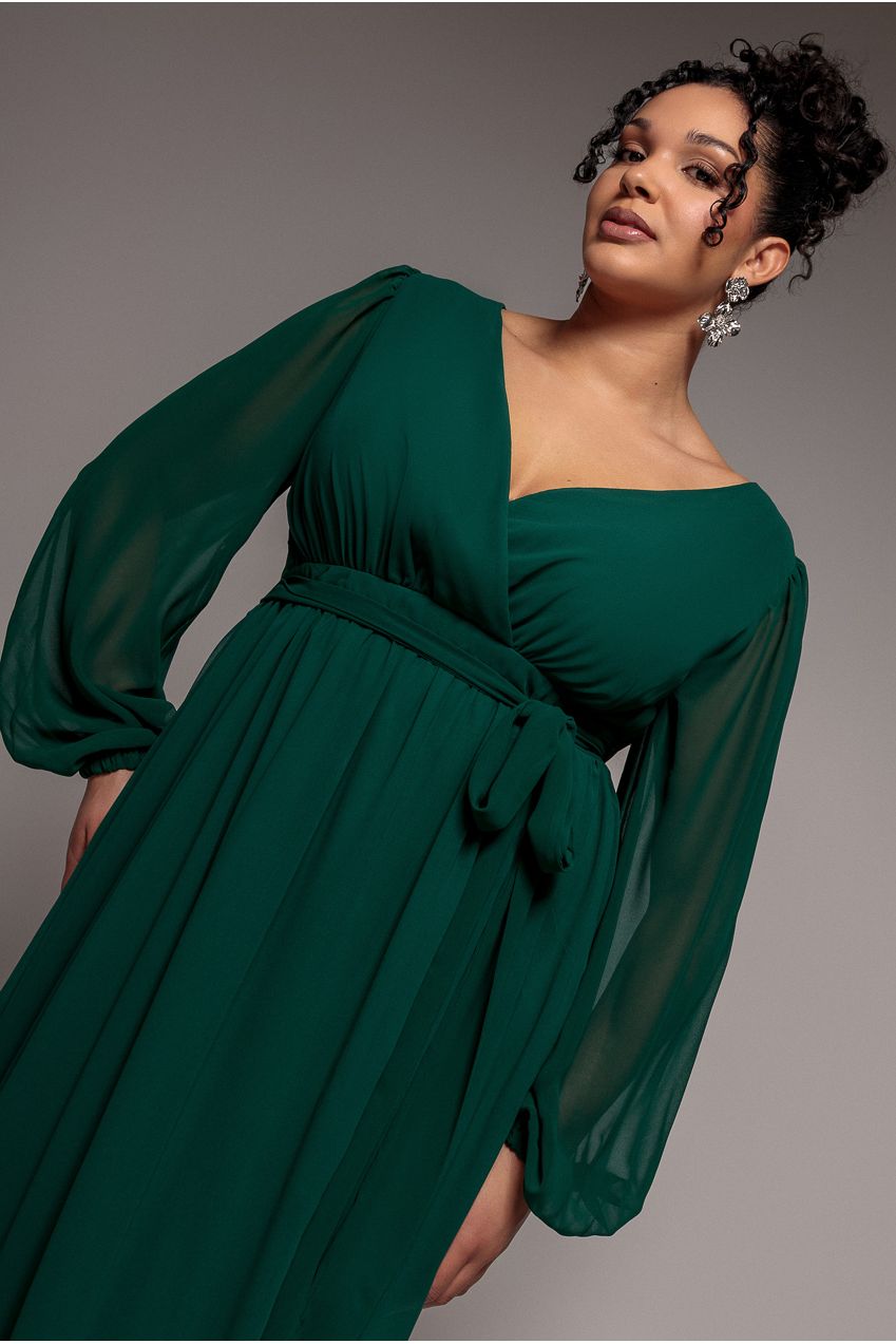 Wrap Back With Front Slit Chiffon Maxi Dress - Emerald Green DR2800P