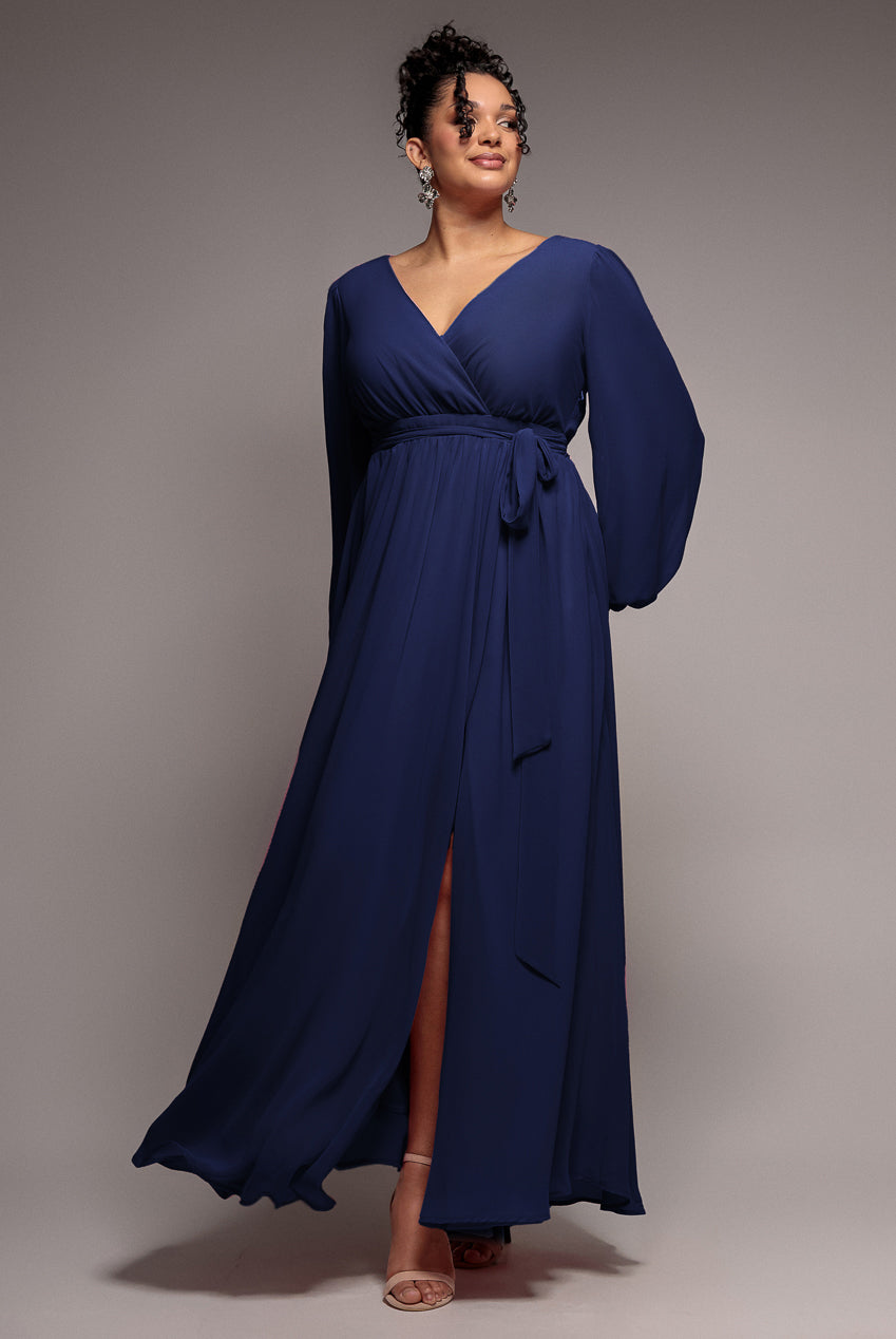 Wrap Back With Front Slit Chiffon Maxi Dress - Navy Blue DR2800P