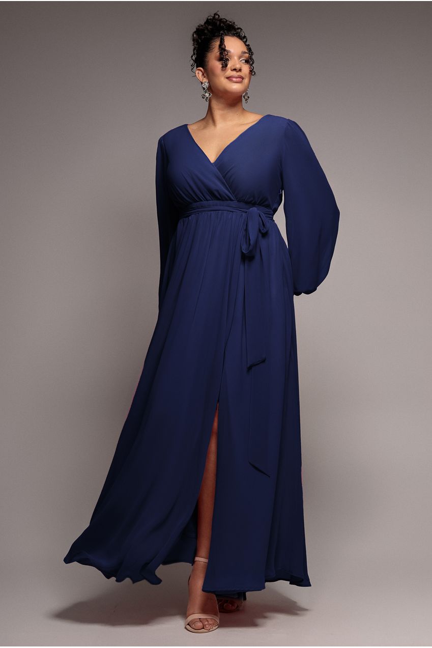 Wrap Back With Front Slit Chiffon Maxi Dress - Navy Blue DR2800P