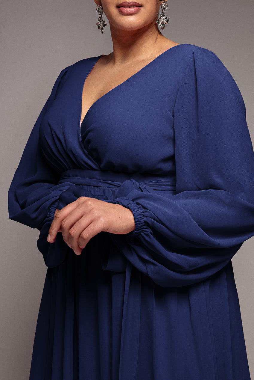 Wrap Back With Front Slit Chiffon Maxi Dress - Navy Blue DR2800P