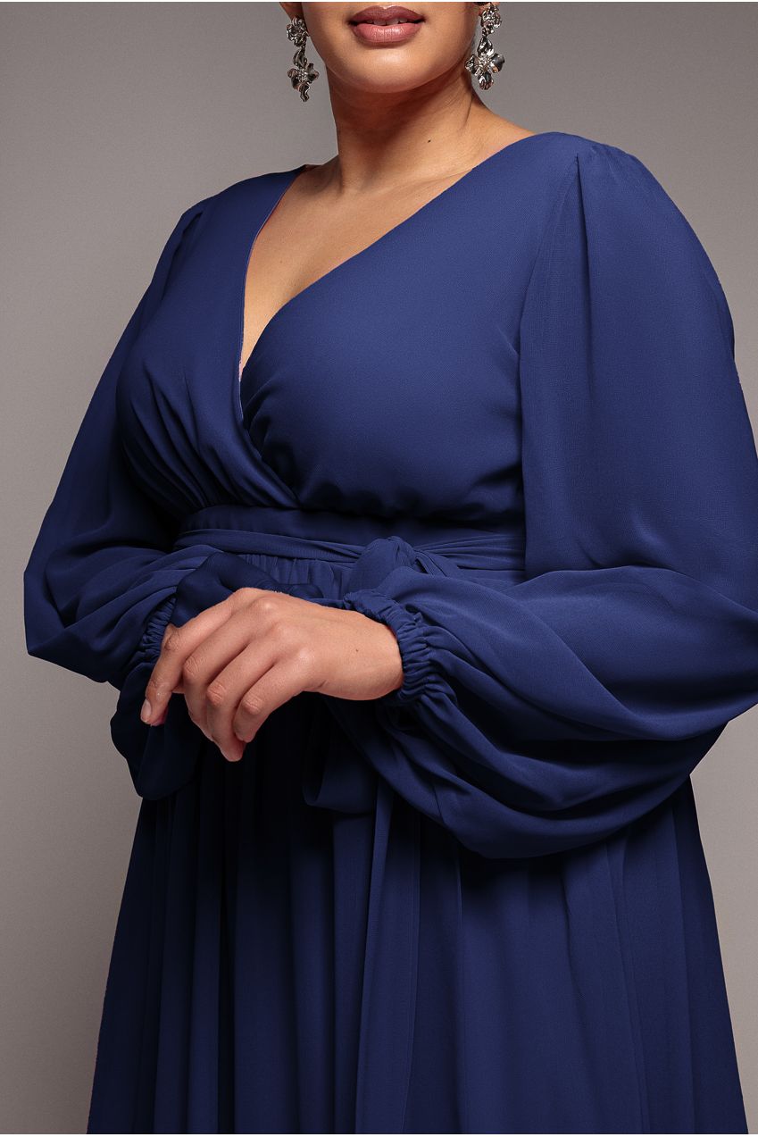 Wrap Back With Front Slit Chiffon Maxi Dress - Navy Blue DR2800P