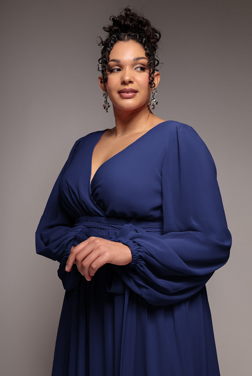 Wrap Back With Front Slit Chiffon Maxi Dress - Navy Blue DR2800P