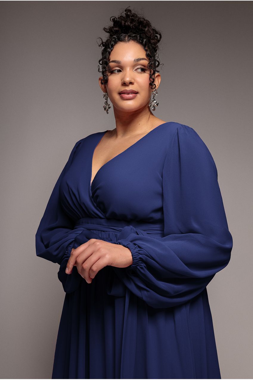 Wrap Back With Front Slit Chiffon Maxi Dress - Navy Blue DR2800P
