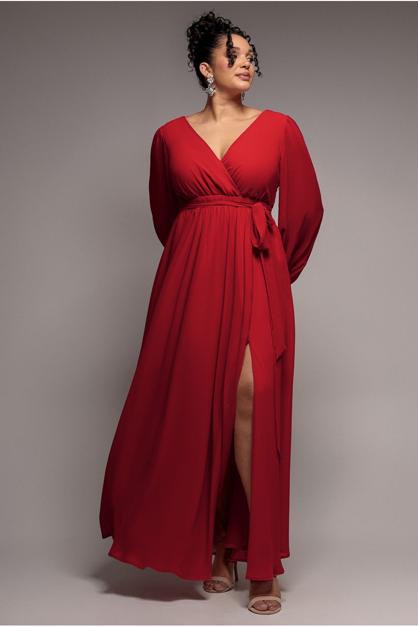 Wrap Back With Front Slit Chiffon Maxi Dress - Red DR2800P