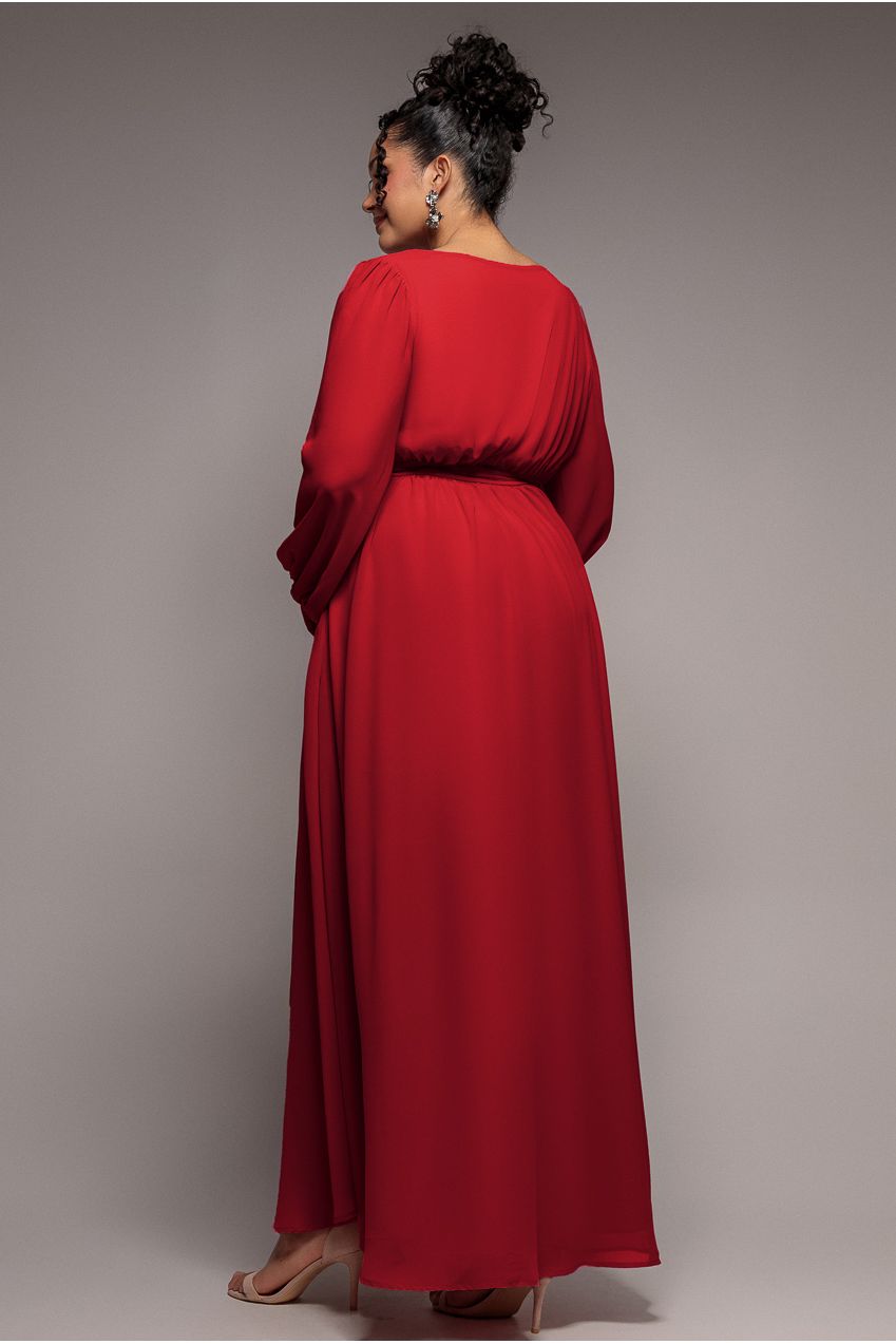 Wrap Back With Front Slit Chiffon Maxi Dress - Red DR2800P