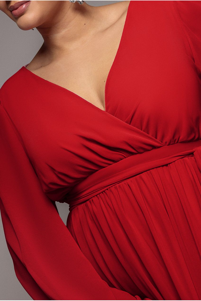 Wrap Back With Front Slit Chiffon Maxi Dress - Red DR2800P