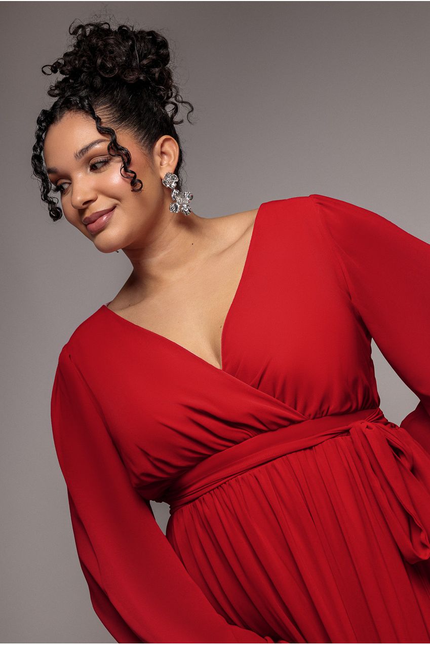 Wrap Back With Front Slit Chiffon Maxi Dress - Red DR2800P