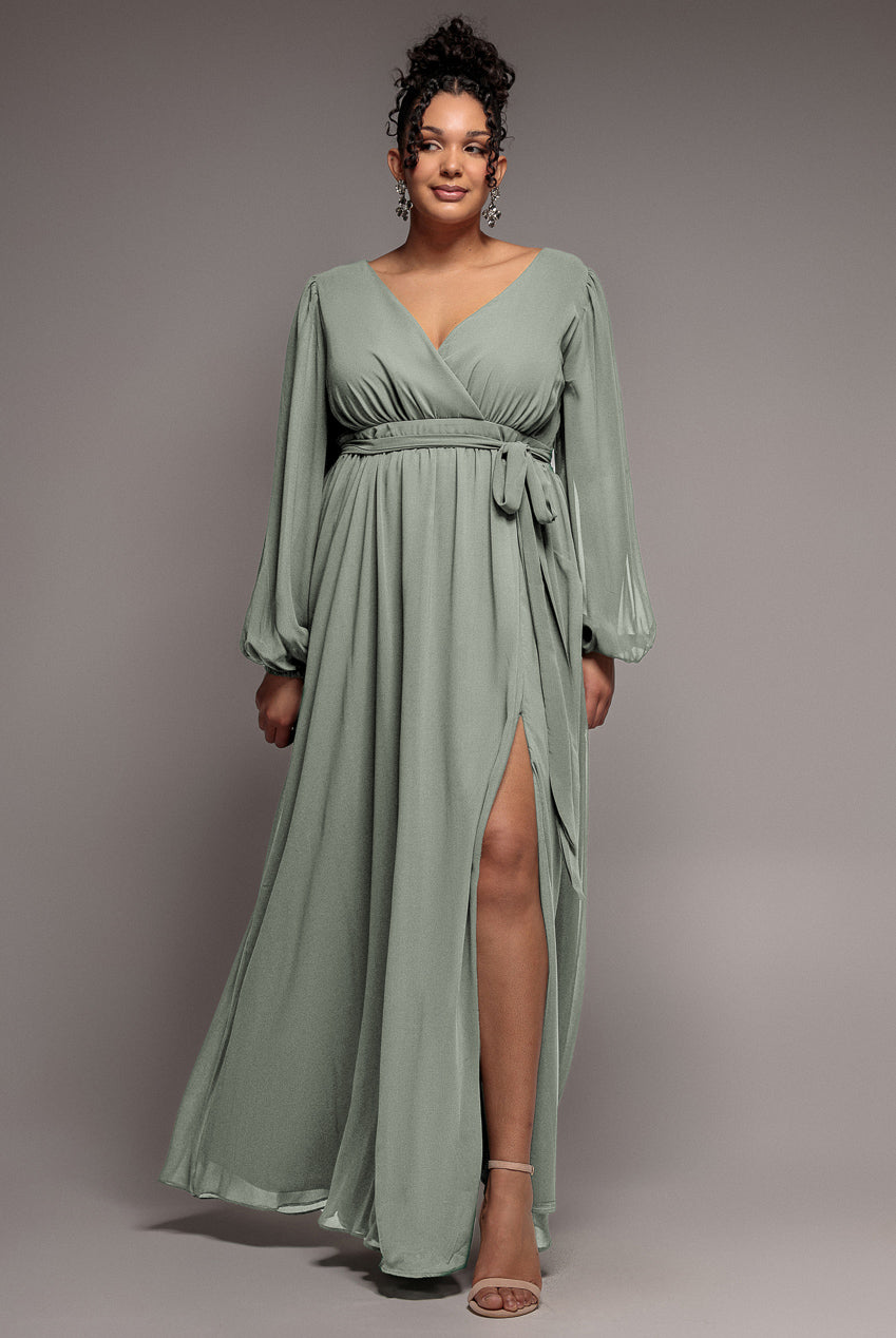 Wrap Back With Front Slit Chiffon Maxi Dress - Sage Green