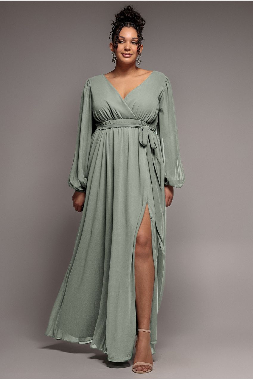 Wrap Back With Front Slit Chiffon Maxi Dress - Sage Green DR2800P