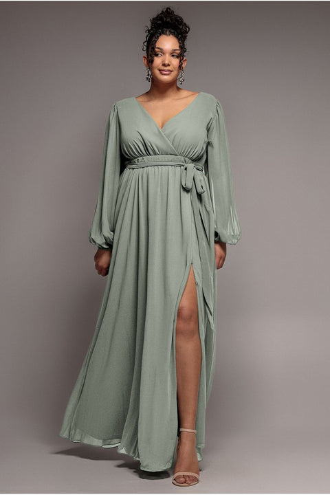 Wrap Back With Front Slit Chiffon Maxi Dress - Sage Green by Goddiva Plus