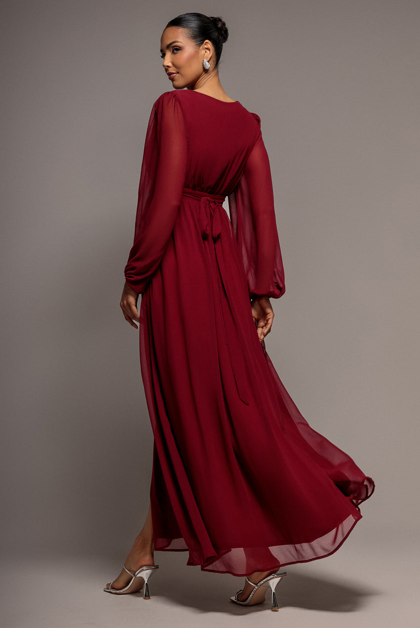 Wrap Back With Front Slit Chiffon Maxi Dress - Berry DR2800