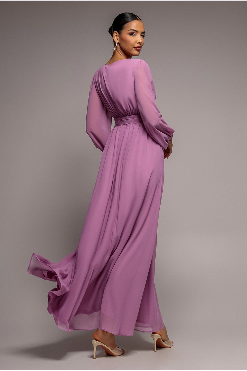 Wrap Back With Front Slit Chiffon Maxi Dress - Dusty Lavender DR2800E