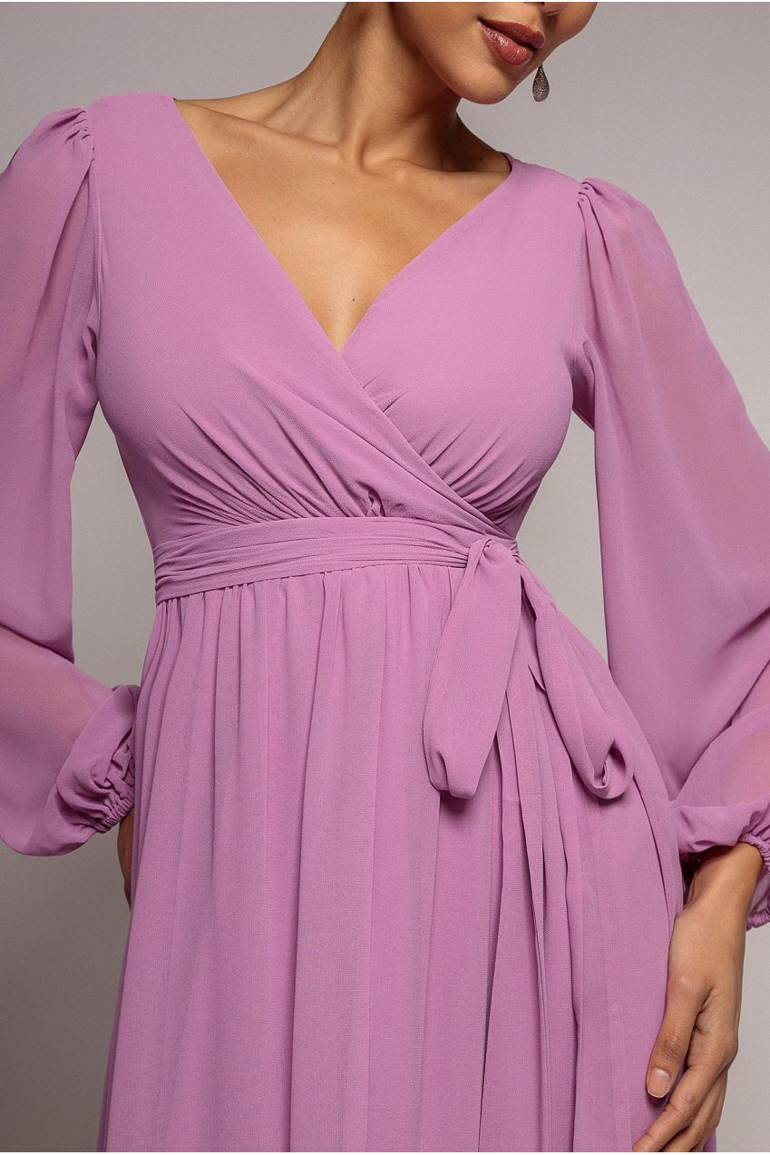 Wrap Back With Front Slit Chiffon Maxi Dress - Dusty Lavender DR2800E
