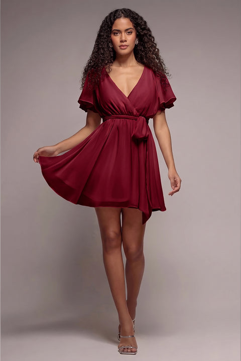 Flutter Sleeve Wrap Mini Dress With Elasticated Waist - Berry by Goddiva