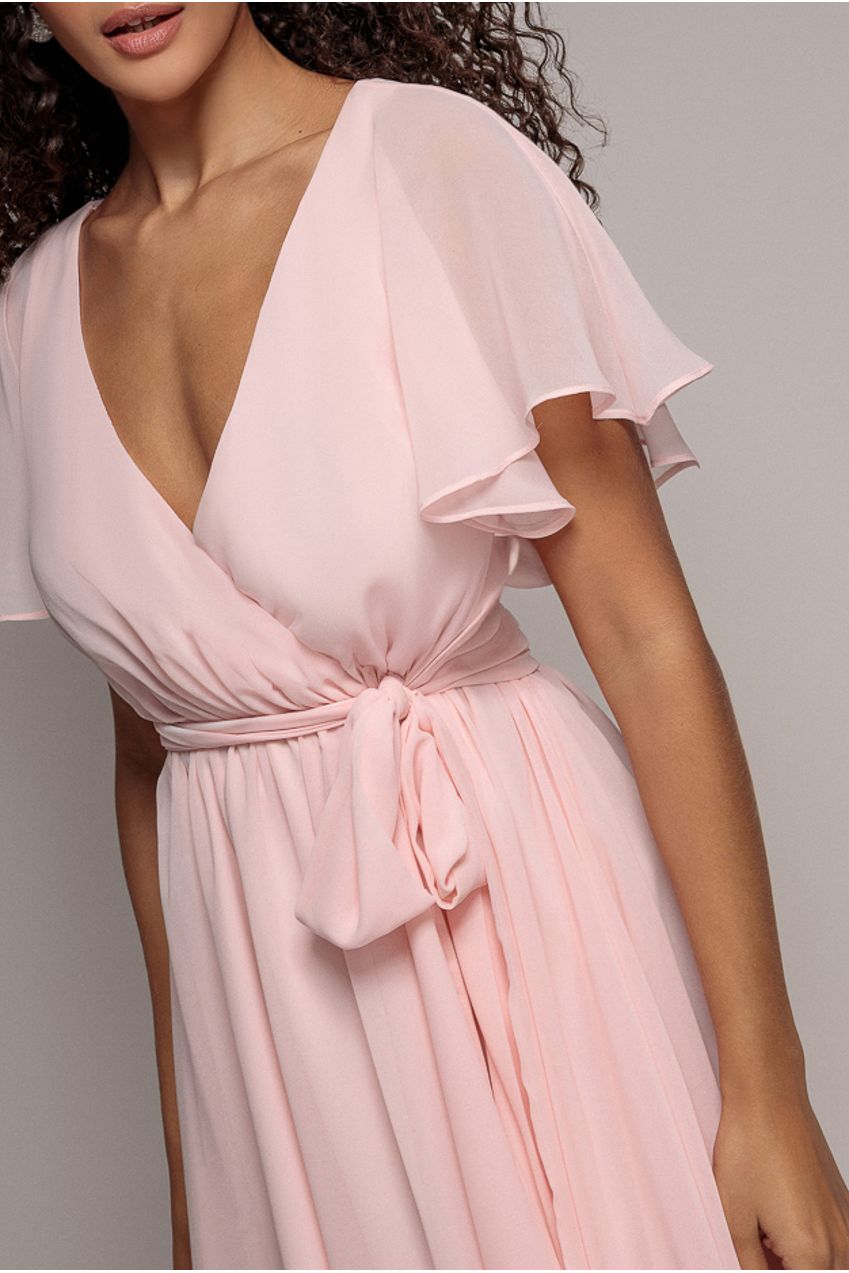 Flutter Sleeve Wrap Mini Dress With Elasticated Waist - Soft Pink DR2843