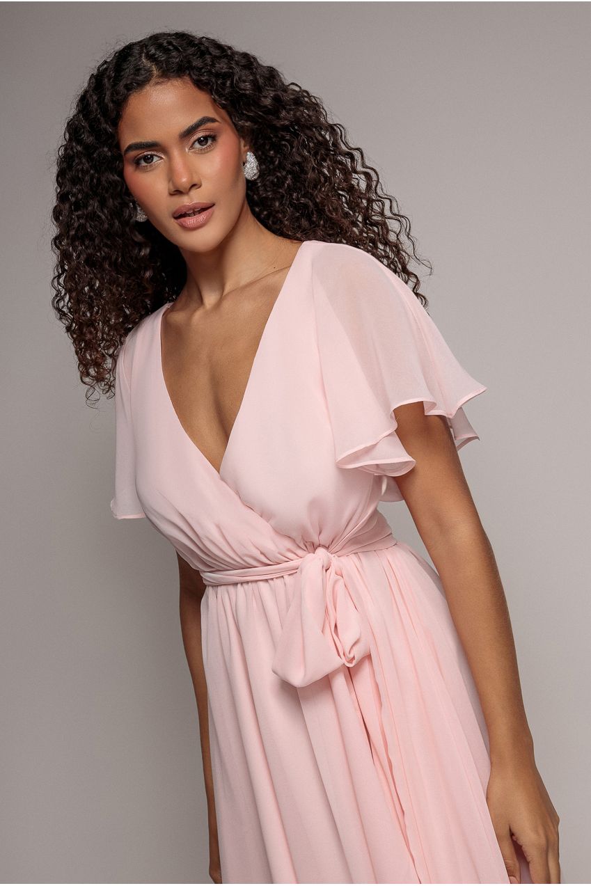 Flutter Sleeve Wrap Mini Dress With Elasticated Waist - Soft Pink DR2843