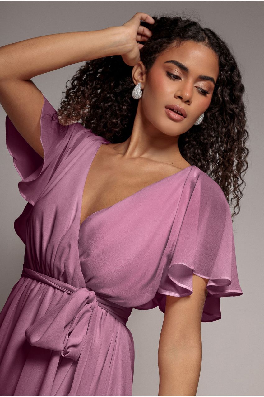 Flutter Sleeve Wrap Mini Dress With Elasticated Waist - Lavender DR2843