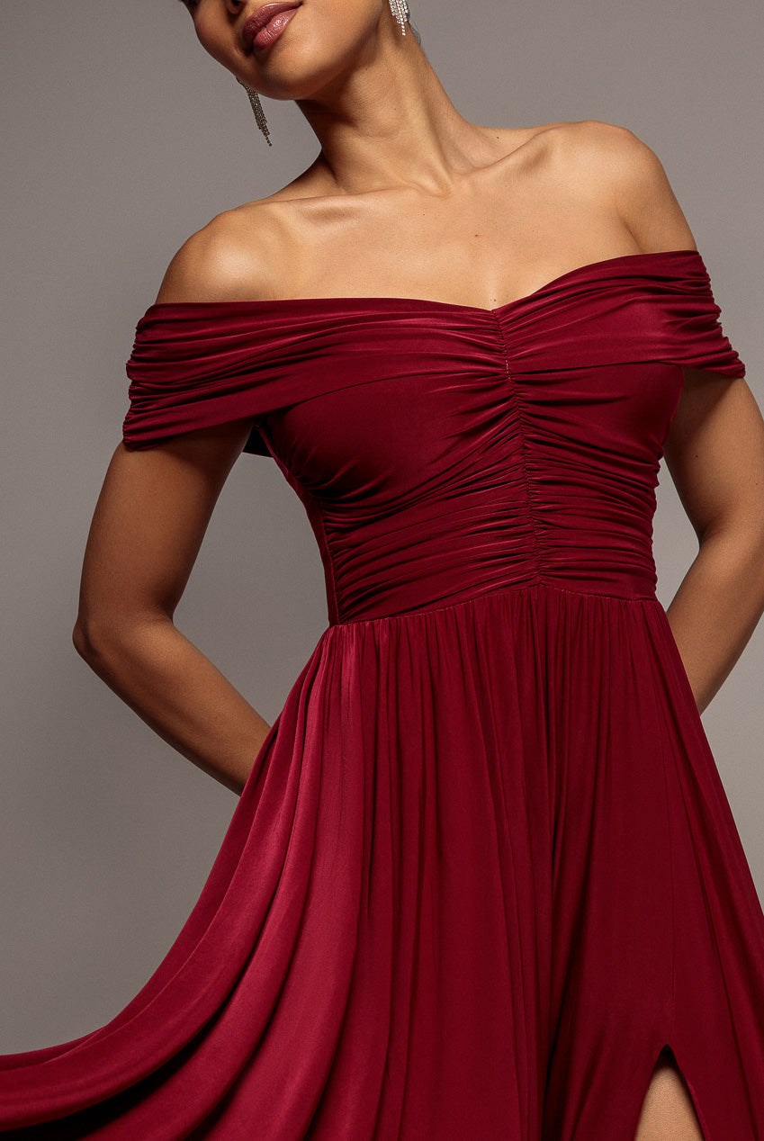Gathered Bardot Maxi Dress With Front Split - Berry DR2873