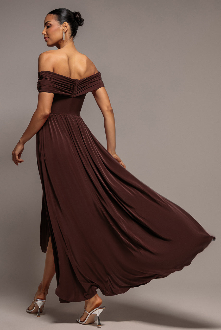 Gathered Bardot Maxi Dress With Front Split - Dark Brown DR2873