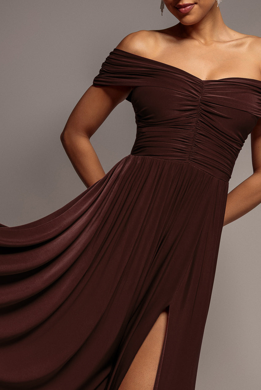 Gathered Bardot Maxi Dress With Front Split - Dark Brown DR2873