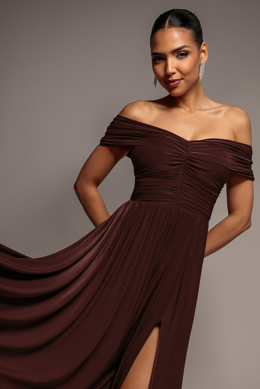 Gathered Bardot Maxi Dress With Front Split - Dark Brown DR2873