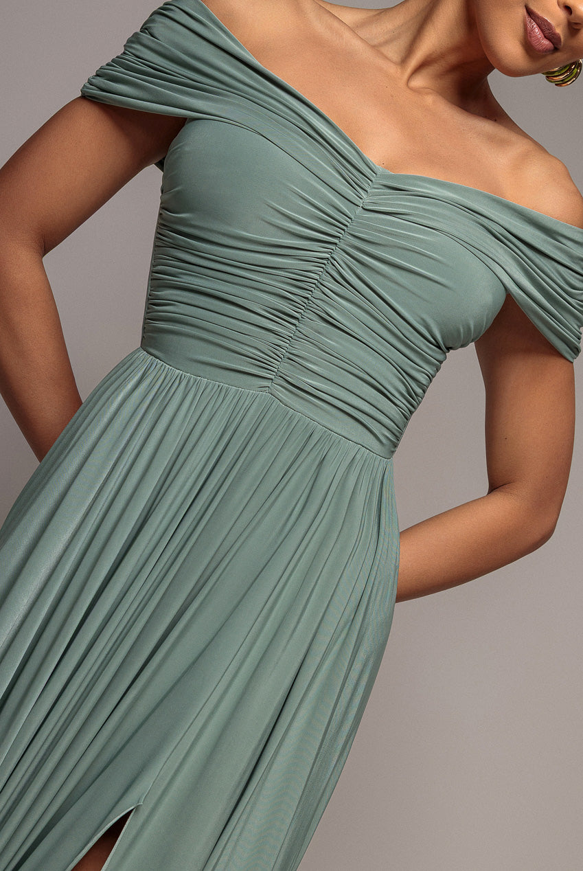 Gathered Bardot Maxi Dress With Front Split - Dark Sage DR2873