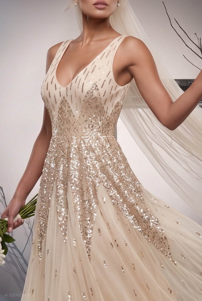 Sequin A-line Maxi Dress Jilted Bride Halloween Costume - Ivory DR2882-HAL