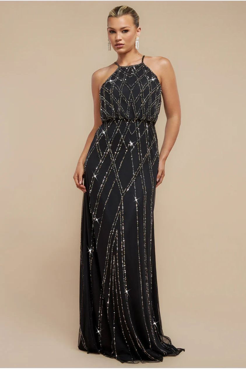 Racer Neck Sleeveless Hand Embellished Sequin Maxi Dress - Black DR2889