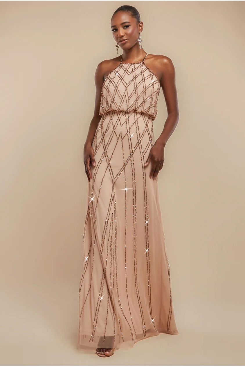 Racer Neck Sleeveless Hand Embellished Sequin Maxi Dress - Champagne | Goddiva Racer Neck Sleeveless Hand Embellished Sequin Maxi Dress - Champagne | Goddiva