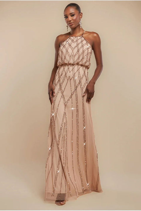 Racer Neck Sleeveless Hand Embellished Sequin Maxi Dress - Champagne by Goddiva