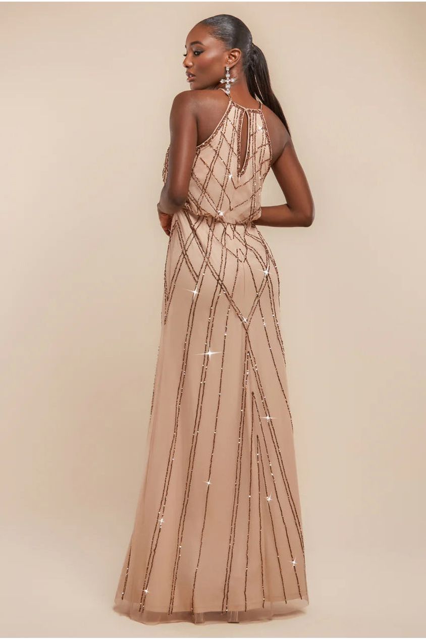 Racer Neck Sleeveless Hand Embellished Sequin Maxi Dress - Champagne DR2889