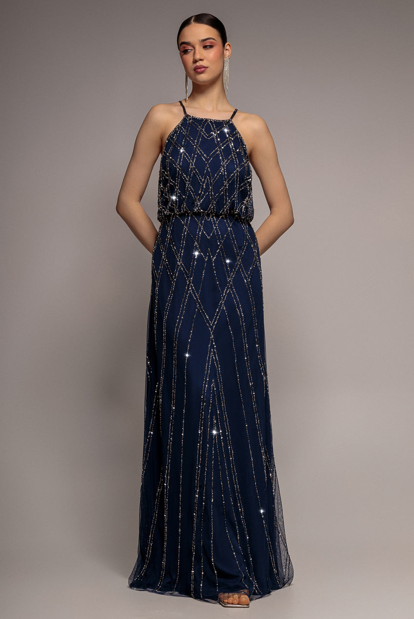 Racer Neck Sleeveless Hand Embellished Sequin Maxi Dress - Navy Blue DR2889