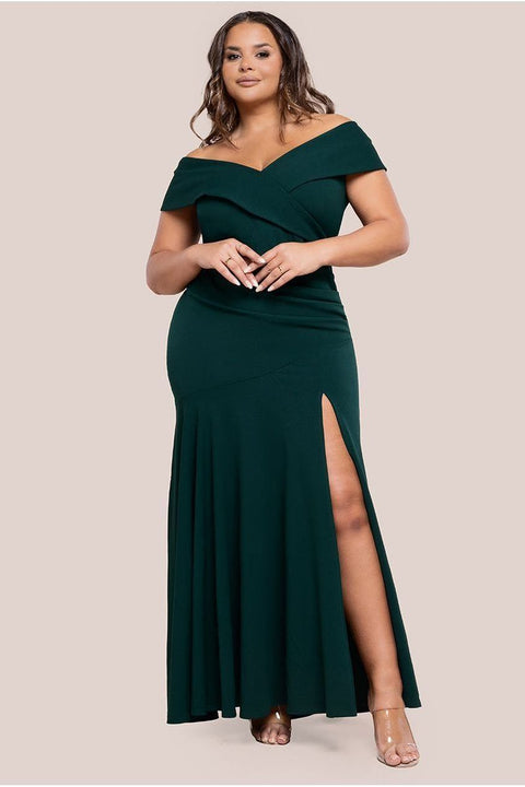 Scuba Crepe Off Shoulder Front Split Maxi Dress - Emerald Green by Goddiva Plus