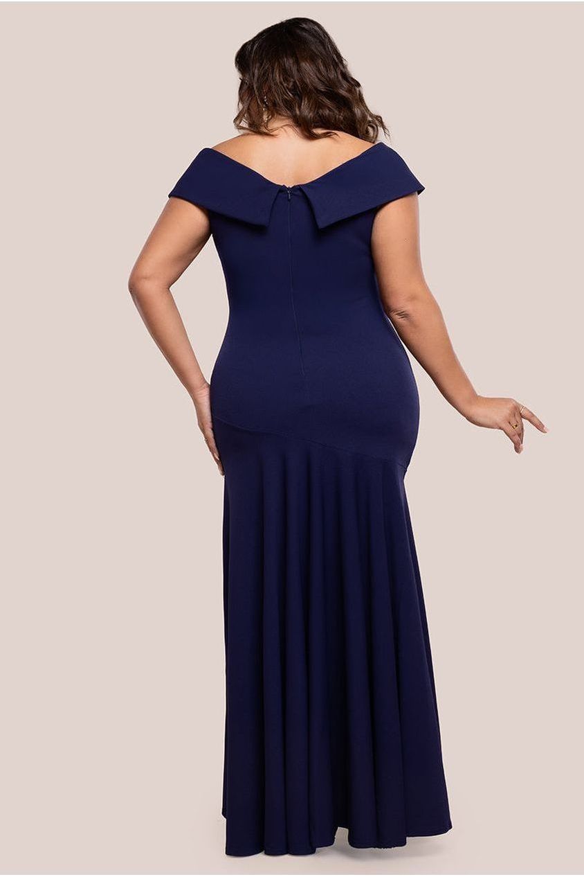 Scuba Crepe Off Shoulder Front Split Maxi Dress - Navy Blue DR2930PLUS