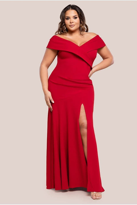 Scuba Crepe Off Shoulder Front Split Maxi Dress - Red by Goddiva Plus