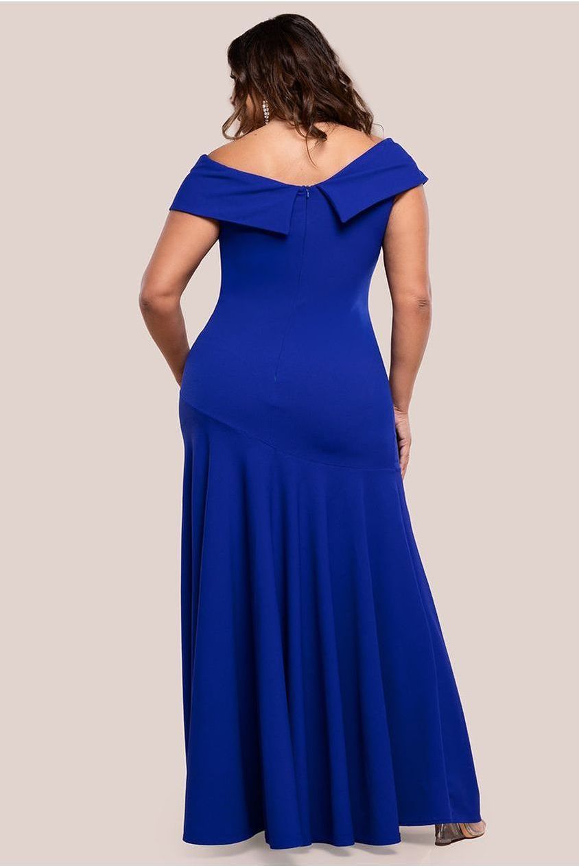 Scuba Crepe Off Shoulder Front Split Maxi Dress - Royal Blue DR2930PLUS