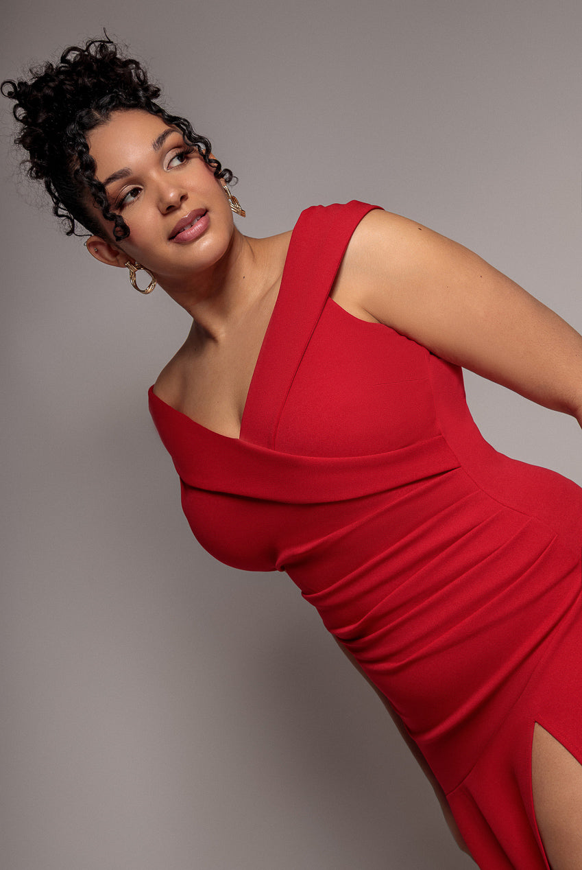 Scuba Crepe Off Shoulder Front Split Maxi Dress - Red DR2930PLUS