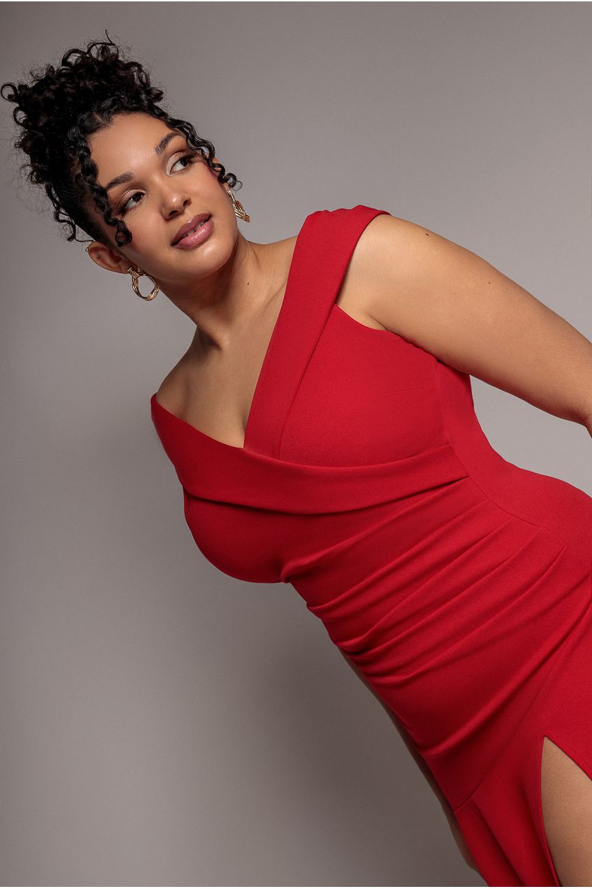 Scuba Crepe Off Shoulder Front Split Maxi Dress - Red DR2930PLUS