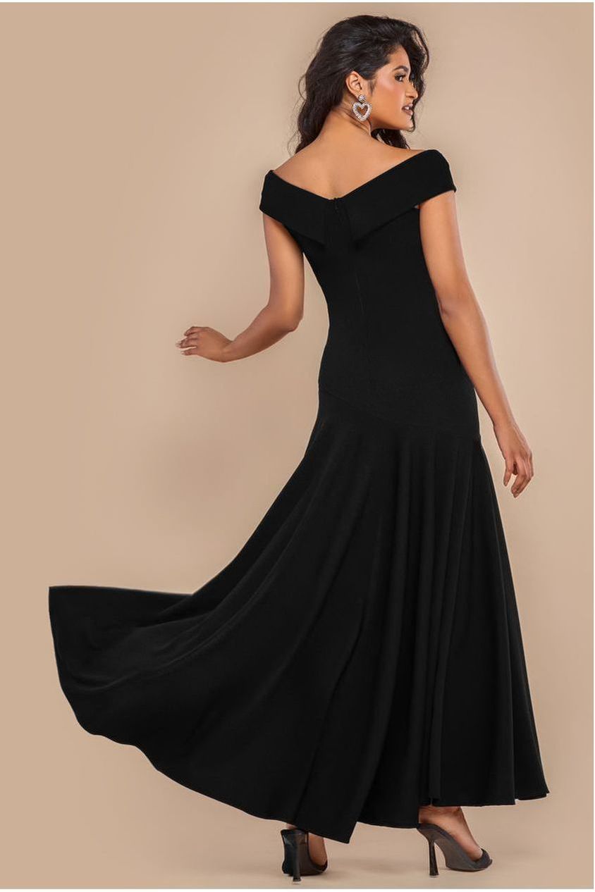 Scuba Crepe Off Shoulder Front Split Maxi Dress - Black DR2930SC