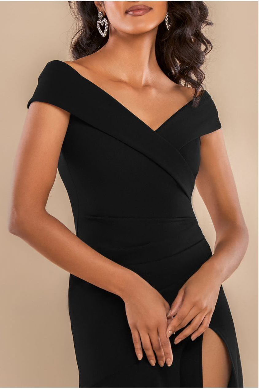 Scuba Crepe Off Shoulder Front Split Maxi Dress - Black DR2930SC