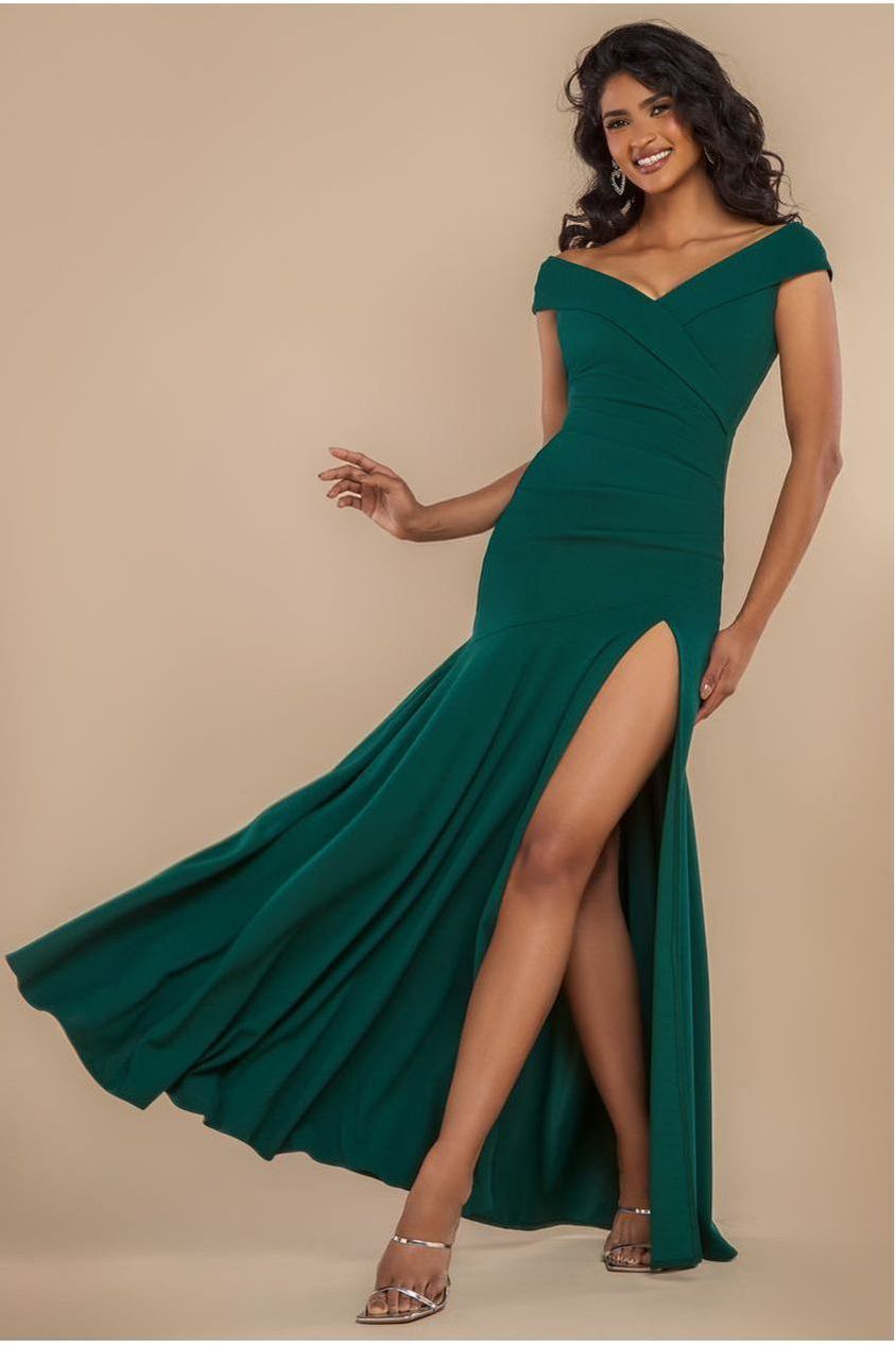 Scuba Crepe Off Shoulder Front Split Maxi Dress - Emerald Green DR2930SC