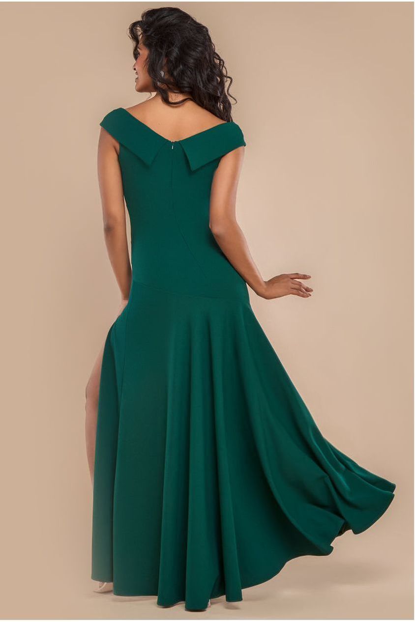 Scuba Crepe Off Shoulder Front Split Maxi Dress - Emerald Green DR2930SC