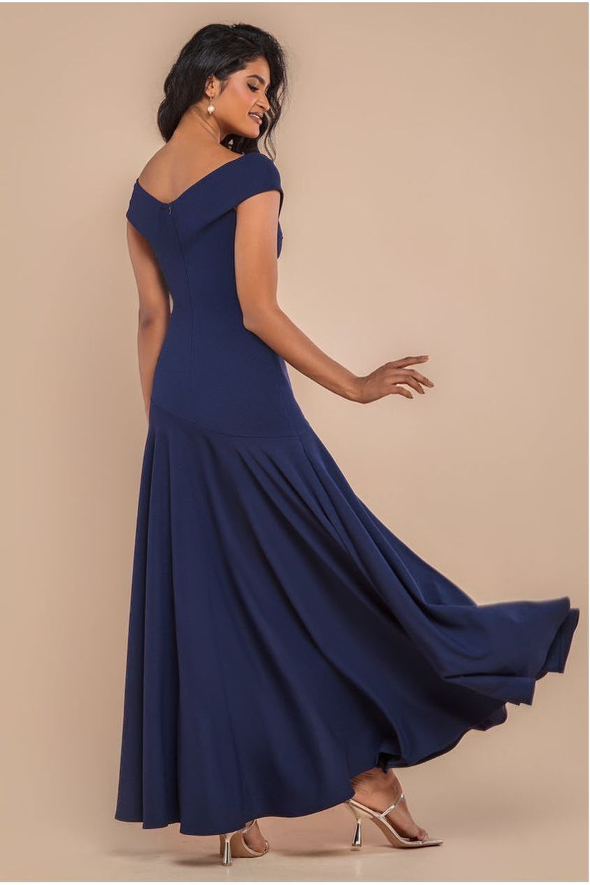 Scuba Crepe Off Shoulder Front Split Maxi Dress - Navy Blue DR2930SC