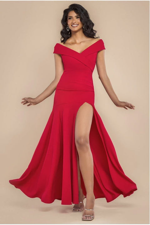 Scuba Crepe Off Shoulder Front Split Maxi Dress - Red by Goddiva
