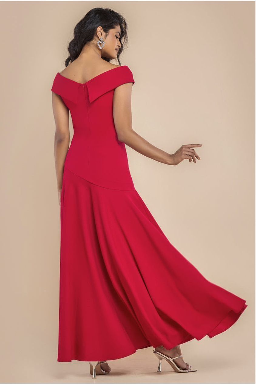 Scuba Crepe Off Shoulder Front Split Maxi Dress - Red DR2930SC