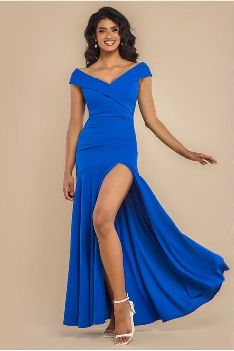 Scuba Crepe Off Shoulder Front Split Maxi Dress - Royal Blue by Goddiva