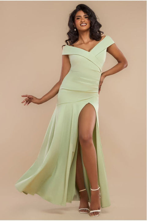Scuba Crepe Off Shoulder Front Split Maxi Dress - Sage Green by Goddiva