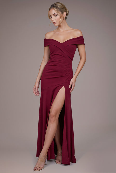 Scuba Crepe Off Shoulder Front Split Maxi Dress - Wine by Goddiva